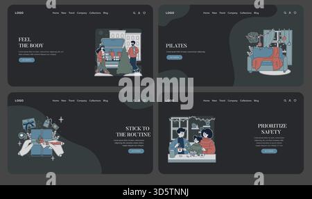 Set of four vector illustrations showing winter holiday preparations, pilates practice, gift exchange, and a family enjoying breakfast together. Each image captures warm, festive emotions. Stock Vector