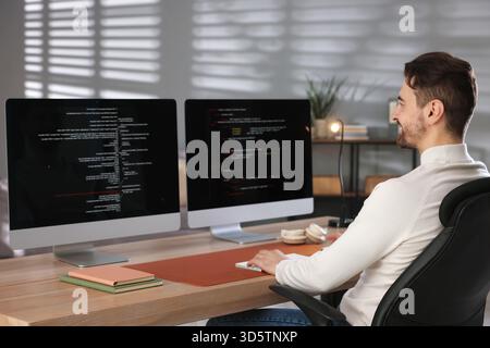 Programmer working on computer with dual monitors at table in office Stock Photo