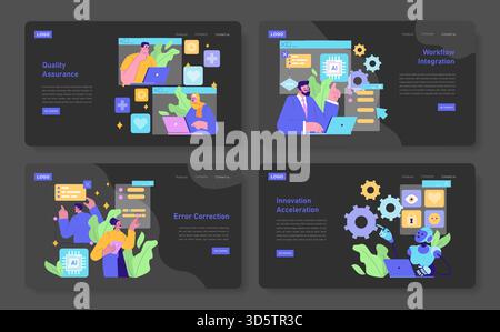 Vector illustration showcasing four business strategy panels. Teams working on quality assurance, workflow integration, error correction, and innovation acceleration with AI elements. Stock Vector