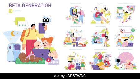 Illustration depicting children interacting with technology, including AI friends, wearable tech, and educational apps. Emphasizes child-friendly digital tools and family engagement. Stock Vector