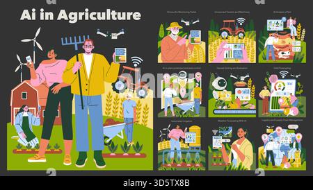 Vector illustration depicting AI integration in agriculture, showcasing various technologies like drones, automated tractors, and smart data analysis. People engage with AI-driven systems for efficient farming. Stock Vector