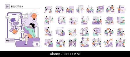 Vector illustration depicting a person engaging in an educational activity with a robot, symbolizing AI learning. Features educational icons, books, and an innovative atmosphere. Stock Vector