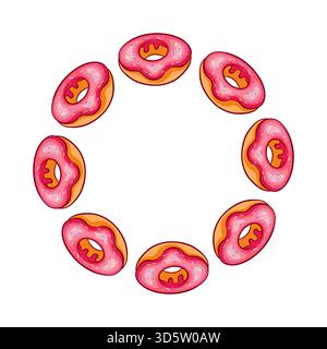 Wreath with pink glaze donut and sprinkles in cartoon style. Simple design for bakery card isolated on white background. Stock Vector