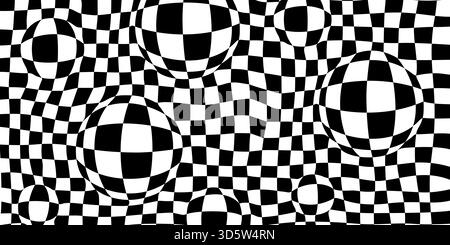 Groovy checker background with black and white optical illusion spheres creating a wavy pattern. Checkered groovy composition with distorted geometry Stock Vector