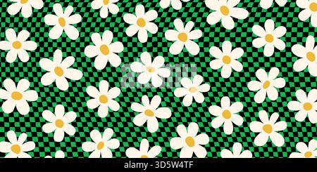 Daisy background with white flowers on green and black checkered pattern in groovy abstract style. Daisy and checkered pattern. Vector illustration Stock Vector