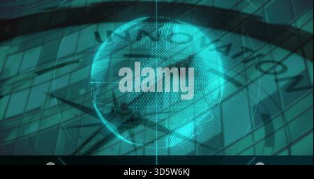 Showing turquoise hologram globe hovering over glass building, displaying reticles, compass marks Stock Photo