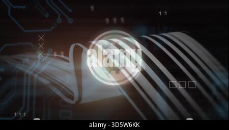Showing glowing round Bitcoin emblem hovering in digital art, with ribbons, circuits and boxes Stock Photo
