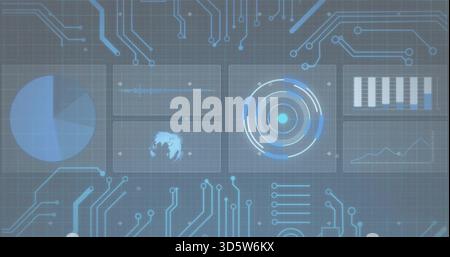 Displaying central concentric radar HUD pulsing on virtual control panel, with pie chart, bar chart Stock Photo