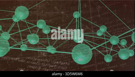Displaying network forming 3D structure on dark backdrop with green nodes, cyan rods, blurred math Stock Photo