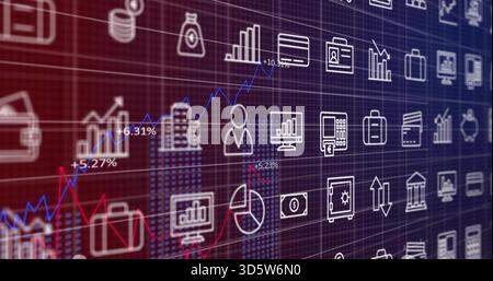 Displaying digital finance dashboard filling frame on screen, showing line graphs and finance icons Stock Photo