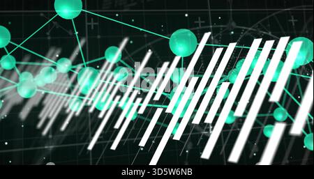 Displaying cluster of linked cyan or teal spheres moving across 3D grid, with lines and white bars Stock Photo