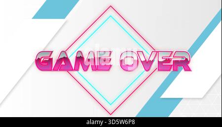 Displaying bold 3D GAME OVER lettering glowing across retro digital banner, with neon diamond Stock Photo