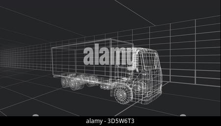 Displaying wireframe box truck occupying center in 3D view, showing wheels, chassis and grid floor Stock Photo