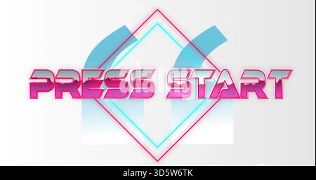 Displaying PRESS START text glowing glossy pink on gray backdrop, neon-diamond and cyan-arches Stock Photo