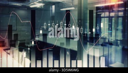 Displaying financial charts centered in open plan office, showing candlesticks and teal lines Stock Photo