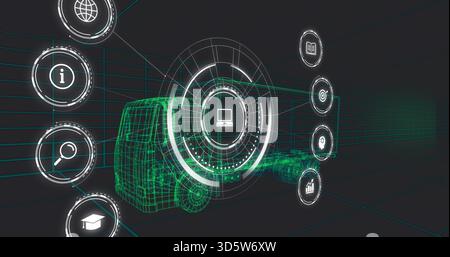 Displaying green wireframe truck hovering in virtual 3D workspace, showing holographic laptop icon Stock Photo