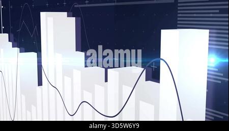 Displaying white 3D bar chart columns rising in virtual dashboard, showing dark curved trend line Stock Photo