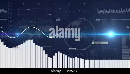 Displaying white vertical bar chart dominating virtual dashboard, showing sine curve and teal flare Stock Photo