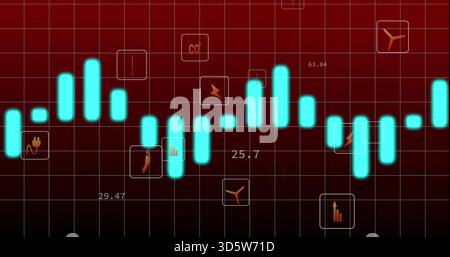 Displaying glowing cyan bars forming data series on dark red grid, with icon badges and numbers Stock Photo