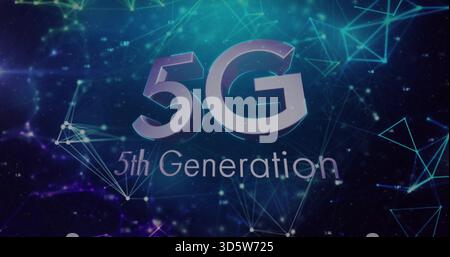 Displaying 3D 5G typography with 5th Generation subtitle centered in virtual space, glowing nodes Stock Photo