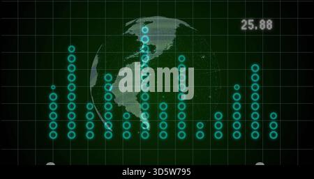 Displaying translucent globe left in data screen with green grid, cyan bars, faint coords, 25 Stock Photo