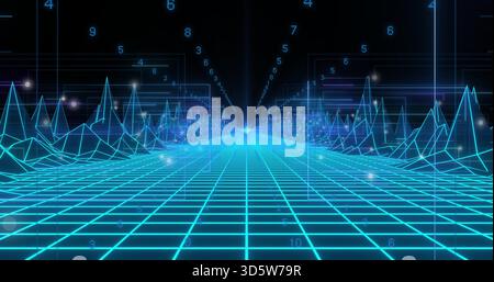 Glowing neon-cyan grid receding to horizon in digital void with wireframe peaks, numeric glyphs Stock Photo