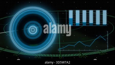 Displaying large HUD target, radial ticks and ring on left grid, showing bar and line charts Stock Photo