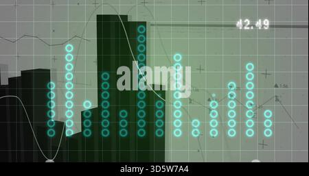 Displaying data visual with skyline silhouette on dashboard, showing turquoise dot columns 42 Stock Photo