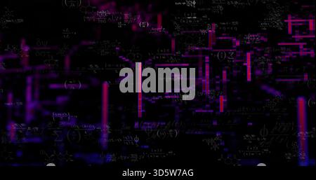 Displaying centered holographic data panel in dark digital field, showing equations and neon bars Stock Photo