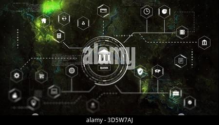 Displaying central BANK building icon inside ringed HUD on green dashboard, linking hexagon nodes Stock Photo