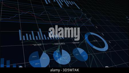Displaying digital dashboard on tilted grid, showing bar and line charts, donut chart Stock Photo