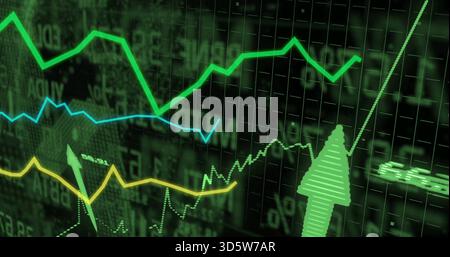 Displaying digital charts moving on trading screen with neon line charts, green arrow, dotted trend Stock Photo