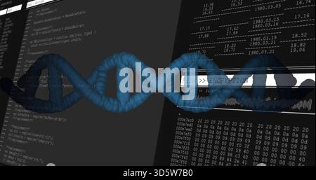Displaying blue DNA helix across digital workspace featuring IDE hex dump FileENCRYPTION waveform Stock Photo
