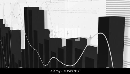 Displaying grayscale 3D bar chart centered at digital dashboard, with white line graph, grid marks Stock Photo