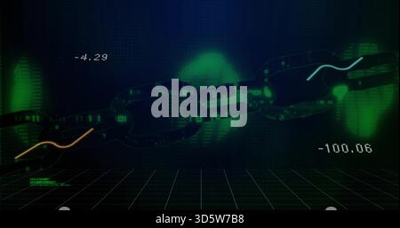 Stretching linked chain across receding grid, showing binary digits, neon nodes, orange cyan traces Stock Photo