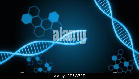 Showing glowing blue DNA double-helix strands spanning dark lab visual with hexagon motifs and glow Stock Photo