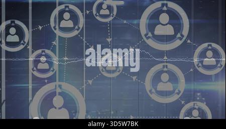 Displaying blue-toned network visualization on glass-panel display, with user nodes and arrows Stock Photo