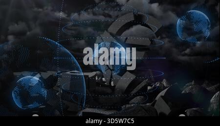 Hovering holographic globes and broken stone torus glowing over ruined rocky plain, spiral rings Stock Photo