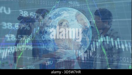 Talking five-member team in business casual pointing at globe overlay in office with financial data Stock Photo