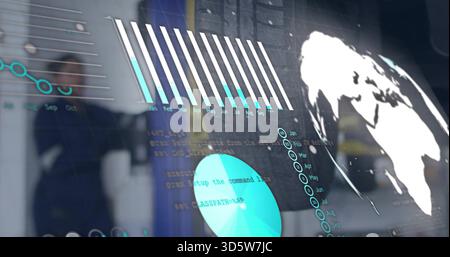 Displaying glass data display at office showing bar pie line charts globe code keyboard reflection Stock Photo