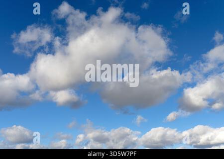 White cumulus clouds drifting across a blue sky Stock Photo