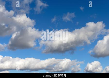 White cumulus clouds drifting across a blue sky Stock Photo