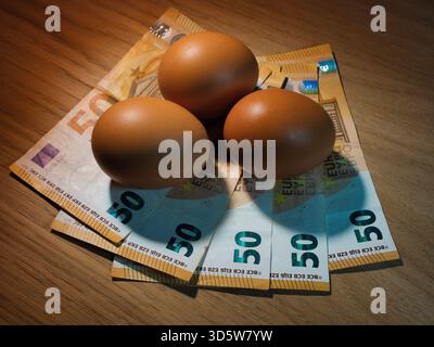 Food Inflation: Eggs and Euro Money - Three brown eggs resting on fanned 50 Euro banknotes on a wooden table. Symbolizes rising food costs, inflation, Stock Photo