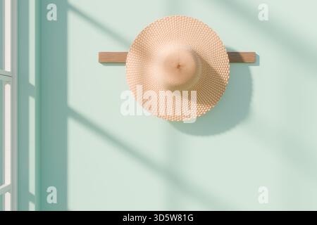 A straw hat hangs on a wooden rack casting shadows on a light blue wall by a window. 3d rendering Stock Photo
