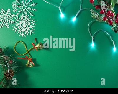 Festive Holiday Green Bokeh Background - Blurred green background with festive lights, snowflakes, and ornaments, creating a magical atmosphere for Ch Stock Photo