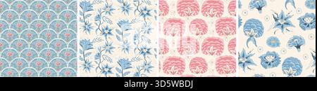 Chinoiserie flowers seamless pattern collection. indian chintz floral endless backgrounds set. Chintz peony repeat cover. Fabric retro botanical conti Stock Vector