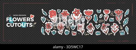 Crayon flowers stickers. Garden plants cutouts set. Paper collage kids chamomile, grass and wildflower shapes. Scrapbook naive sticker floral elements Stock Vector