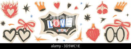Love cutouts symbols. Heart in a fire, crayon frames stickers. Scrapbook pastel cherry, crown, star, and bow coquette doodle elements for Valentine da Stock Vector
