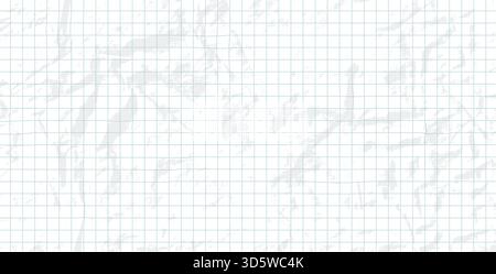 Notebook crumpled grid paper. Math page blank background. School paper sheet. Vector binder checkerboard folded pattern. Craft diary memo textured cov Stock Vector