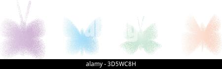Butterfly grain noise soft colors gradient shapes. Retro y2k stippling simple forms set. Purple, blue, beige insect icons. Vector spray peach pink, vi Stock Vector